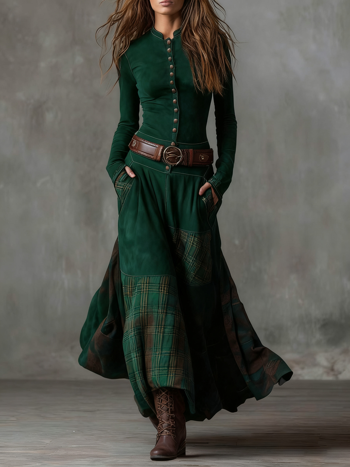 Avery | Plaid Paneled Vintage Suede Maxi Dress(with belt)