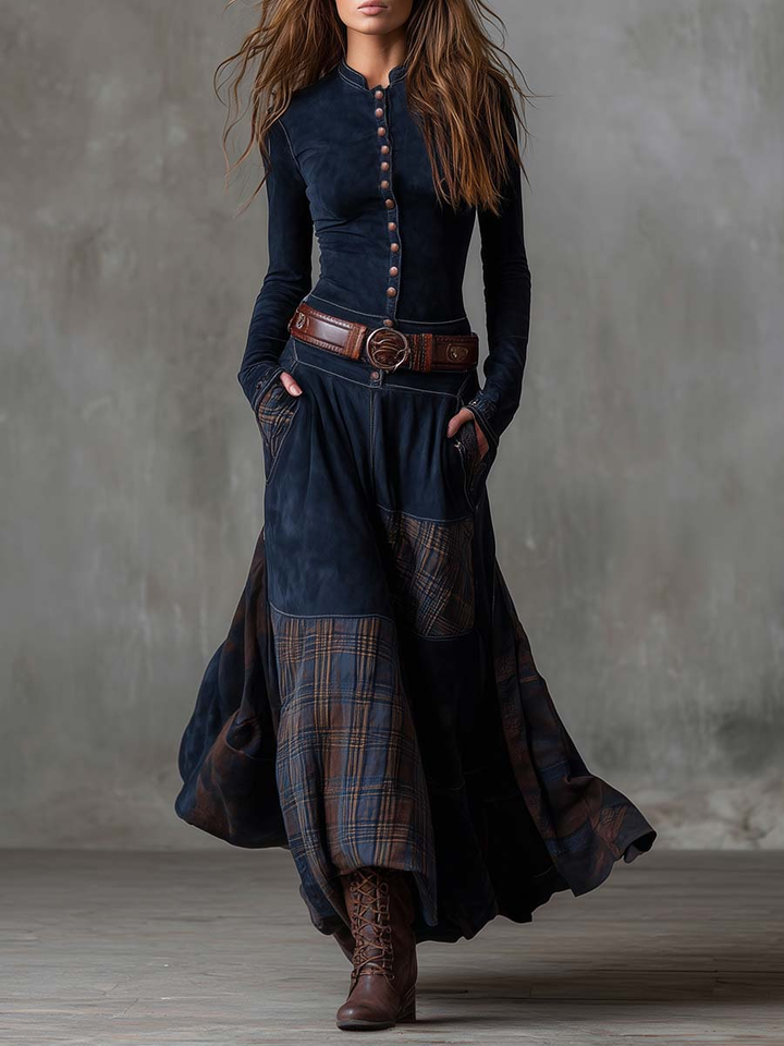 Avery | Plaid Paneled Vintage Suede Maxi Dress(with belt)